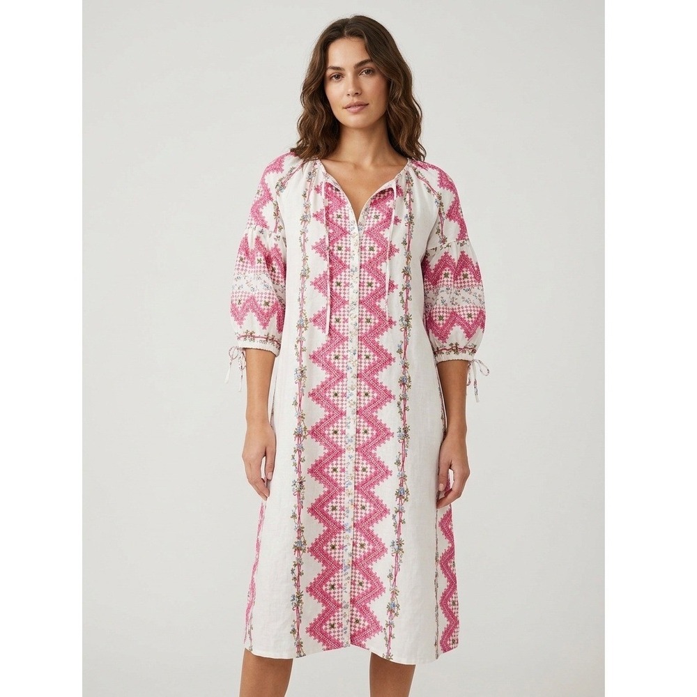 D'Ascoli Womens Pink Floral Hand Woven Cotton Boho Midi Dress Size M - Picture 1 of 7